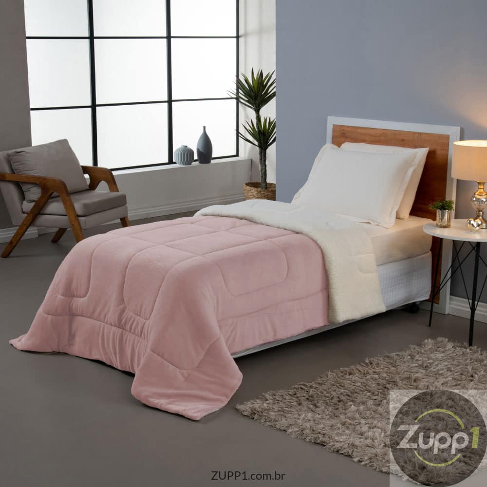Coberdrom Solteiro Dupla Face Rosa com Soft e Sherpa
