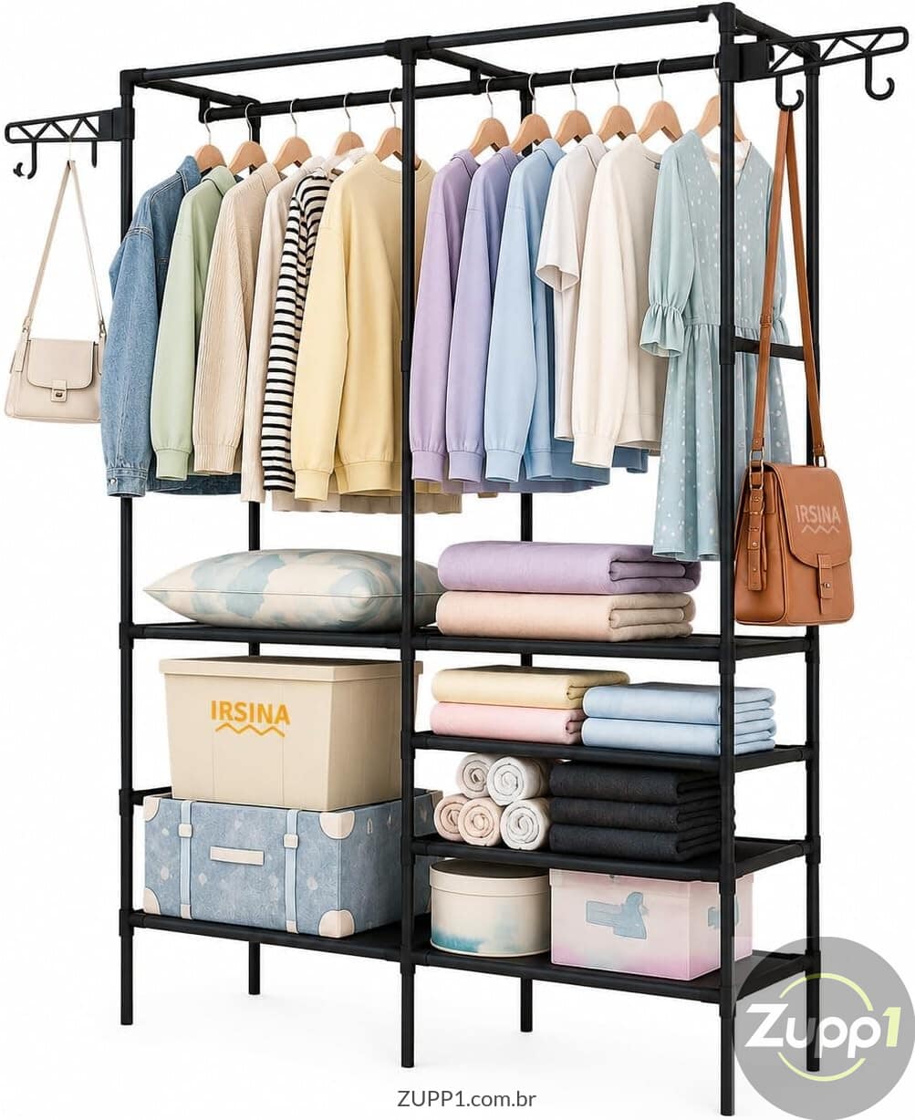 Arara de Roupas com Cabideiro e 3 Prateleiras