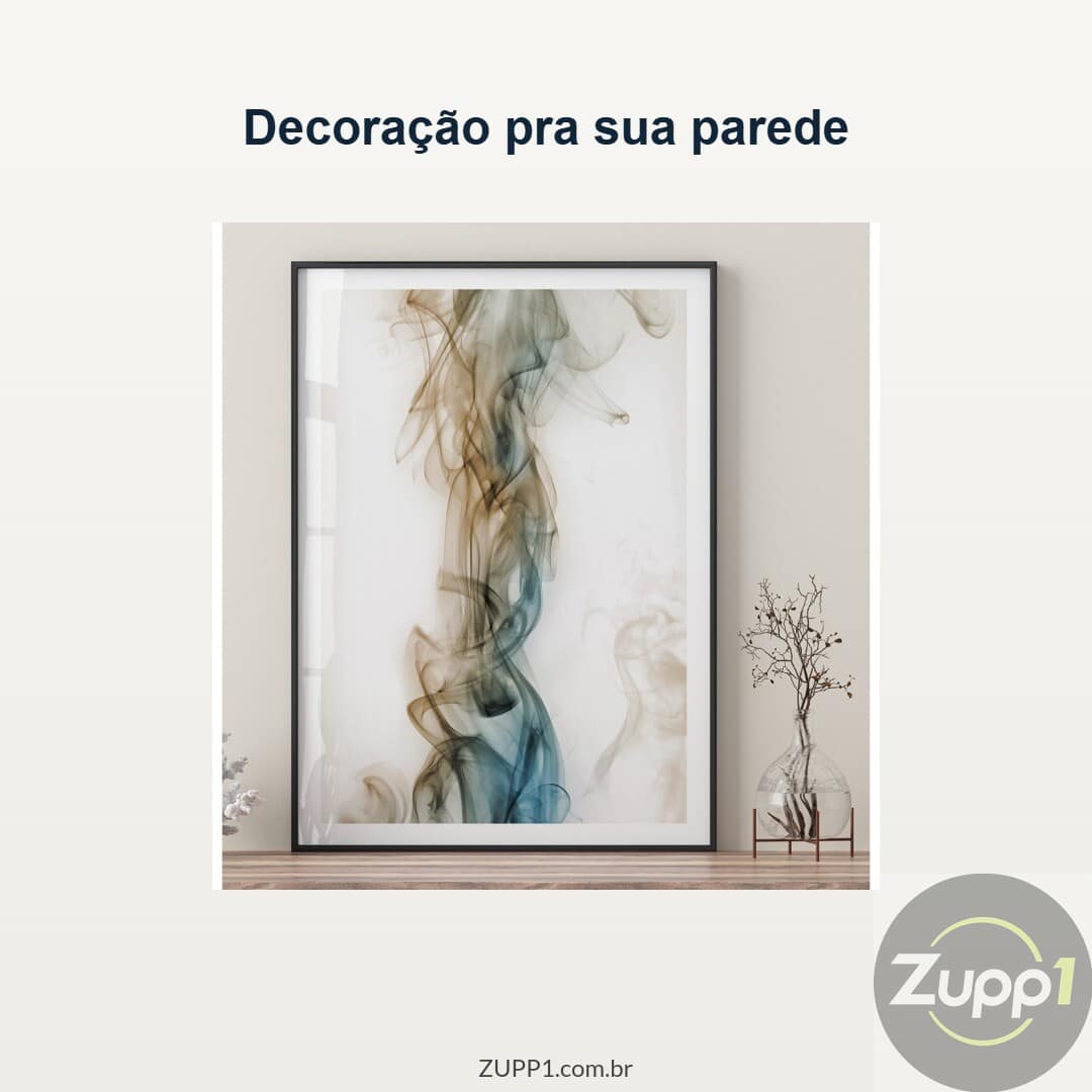 Quadro Decorativo Minimalista com Moldura e Vidro – Abstrato Fumaça Azul Bege (Preto 60x90cm com Vidro)