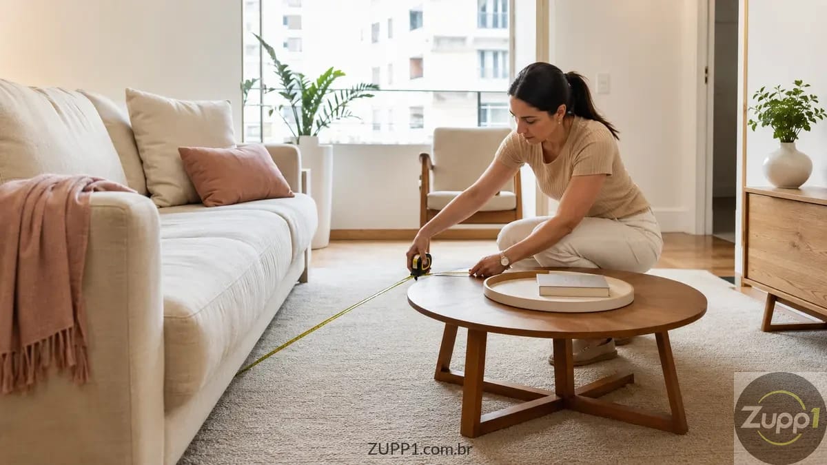 Mulher medindo a distância entre o sofá e a mesa de centro em uma sala pequena