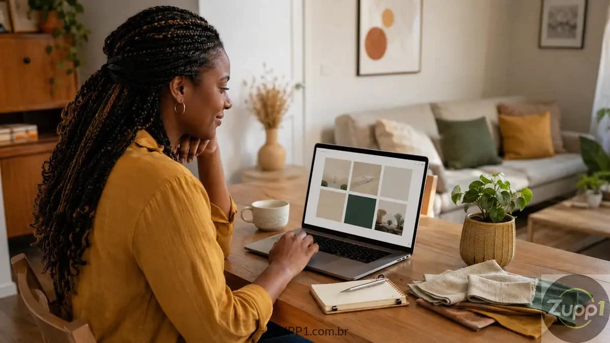 Mulher consultando conteúdos sobre casa e decoração em um notebook