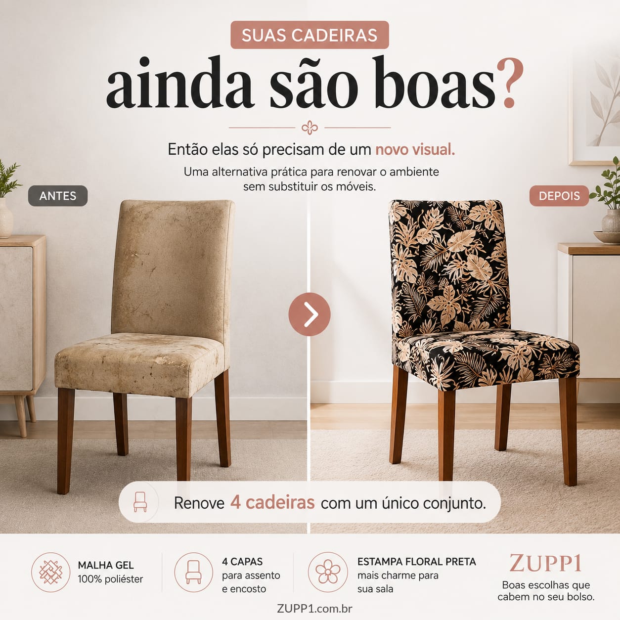 Flora Noir™ — Kit com 4 Capas Florais para Cadeira