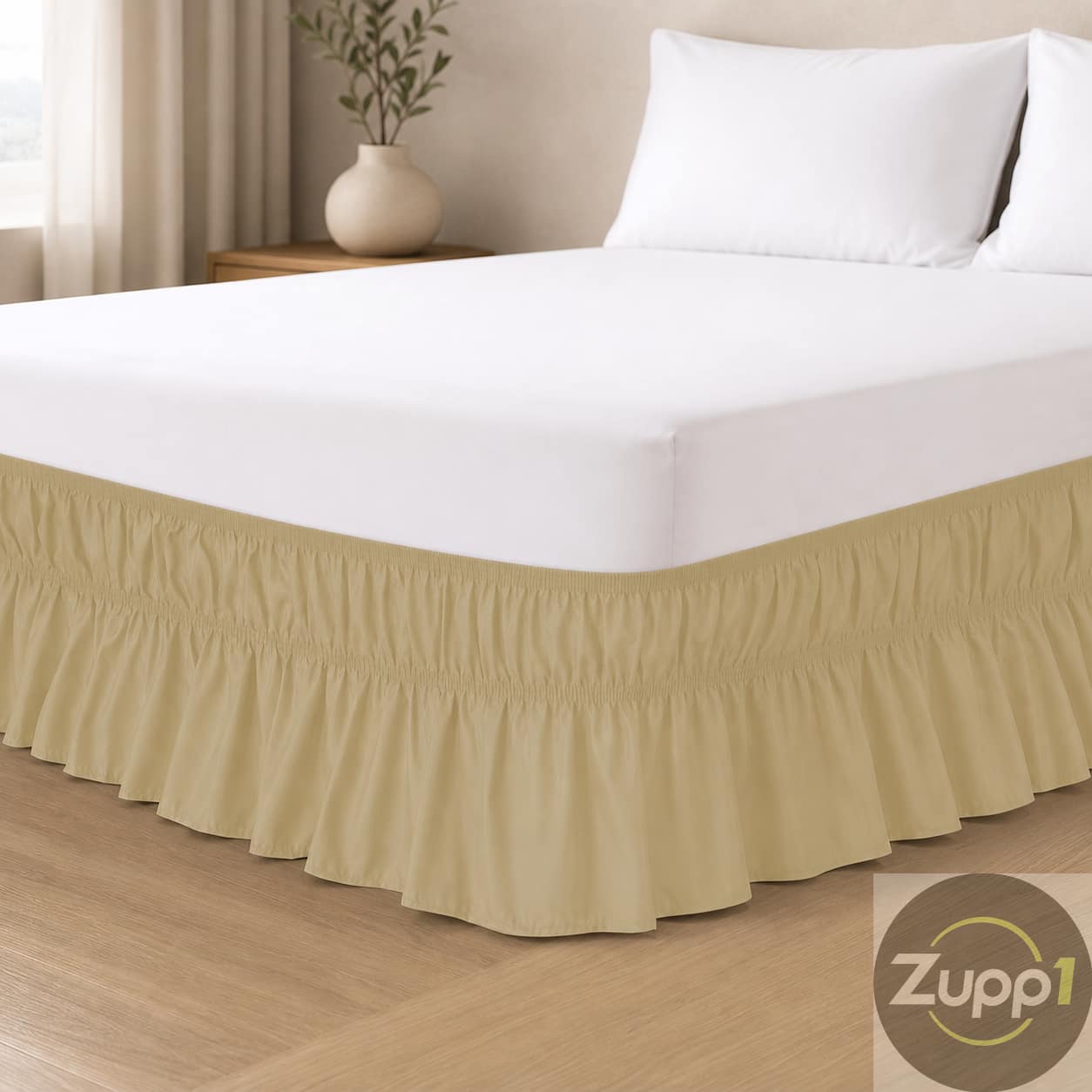 Saia para cama box queen avelã com elástico em quarto claro