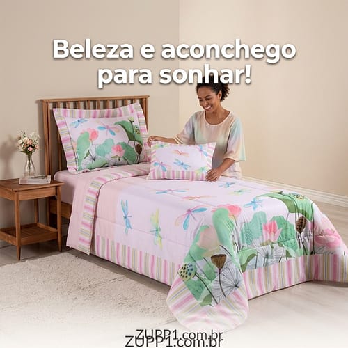 Kit Edredom Estampado Girl 4 Peças Solteiro 100% Poliéster 300 Fios Estampa Digi