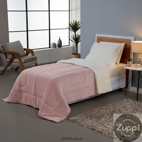 Coberdrom Solteiro Dupla Face Rosa com Soft e Sherpa