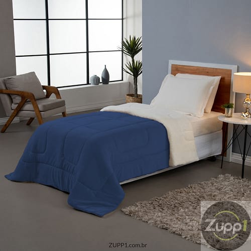 Coberdrom Solteiro Dupla Face Azul com Soft e Sherpa