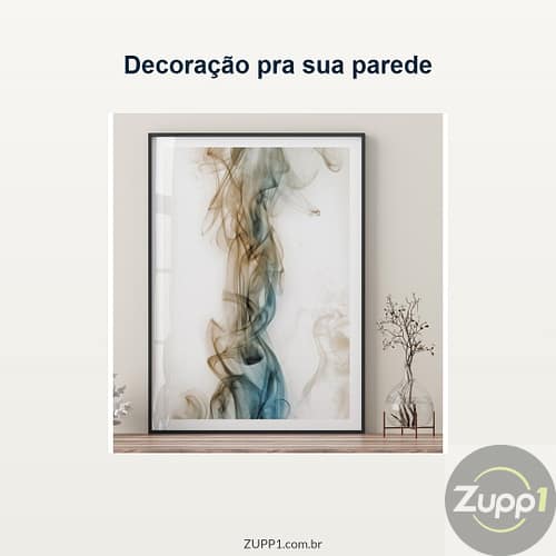 Quadro Decorativo Minimalista com Moldura e Vidro – Abstrato Fumaça Azul Bege (Preto 60x90cm com Vidro)