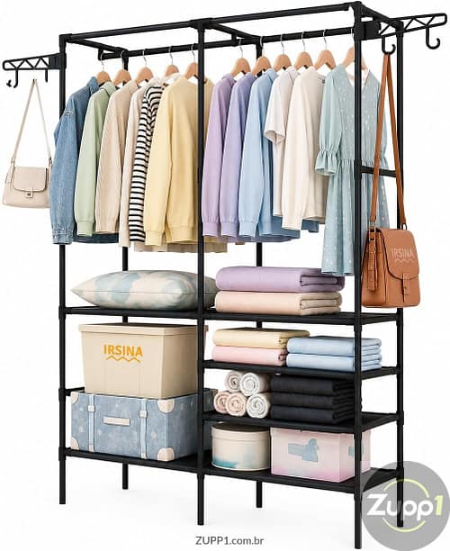 Arara de Roupas com Cabideiro e 3 Prateleiras