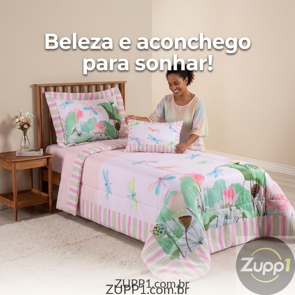 Kit Edredom Estampado Girl 4 Peças Solteiro 100% Poliéster 300 Fios Estampa Digi