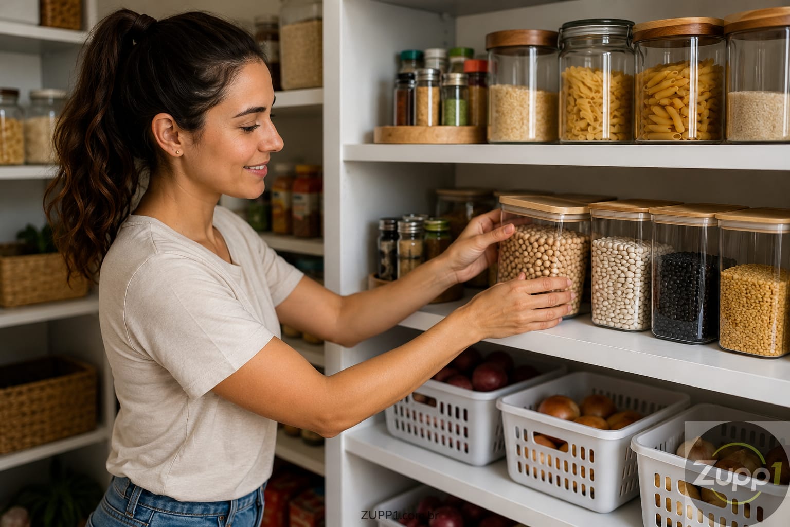 Mulher organizando potes transparentes e alimentos em uma despensa