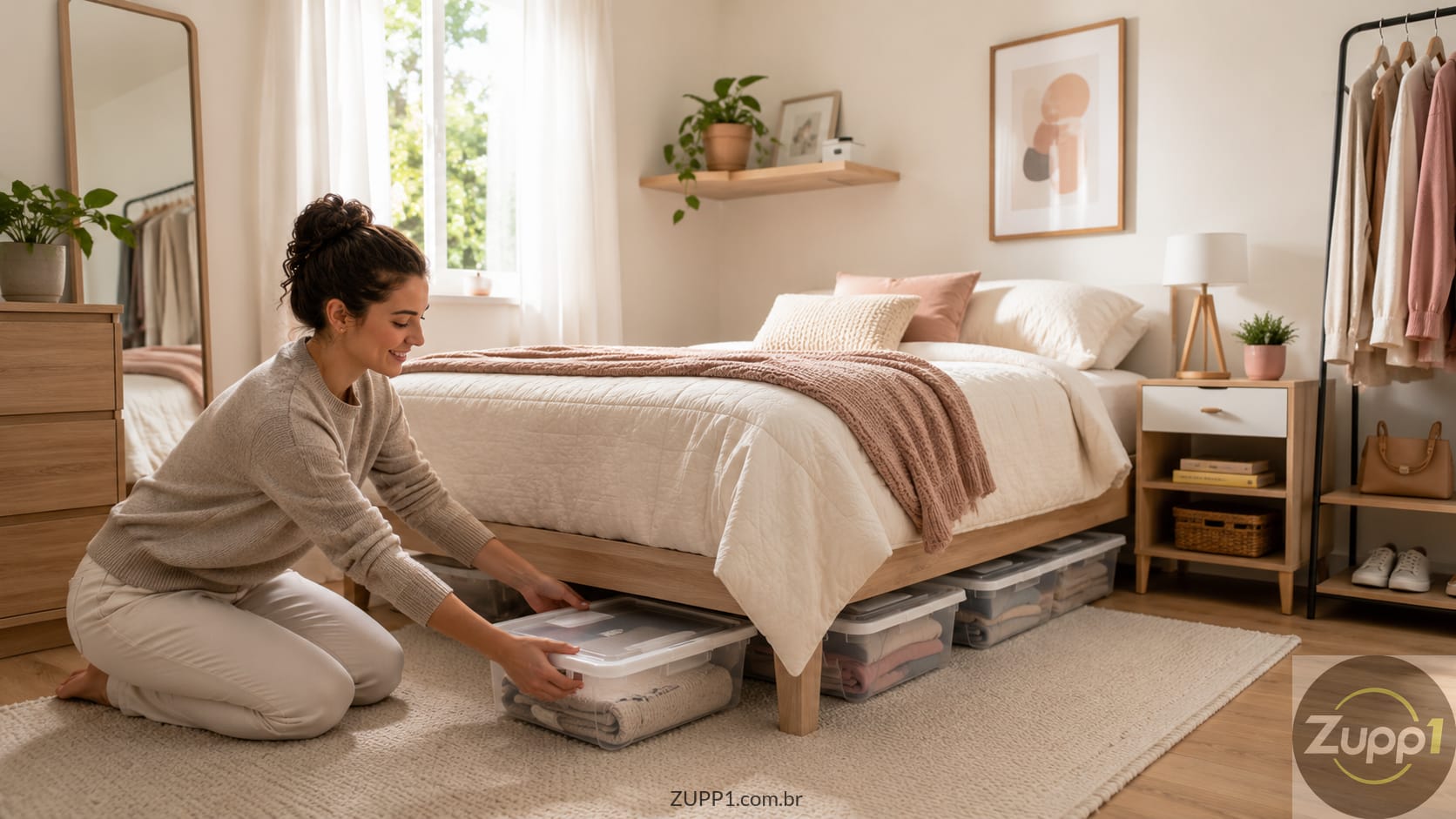 Mulher organizando um quarto pequeno e aproveitando melhor o espaço