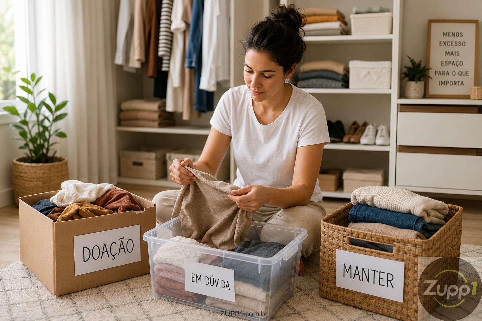 Mulher organizando objetos e separando itens para doação em casa