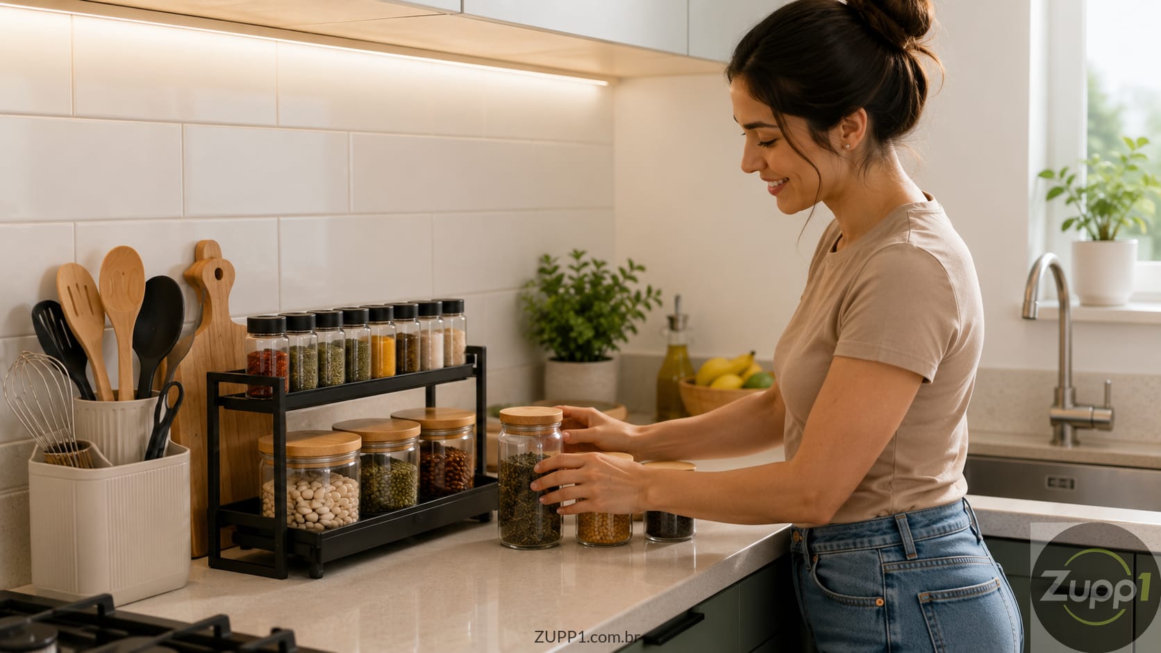 Mulher organizando utensílios e potes sobre uma bancada de cozinha compacta