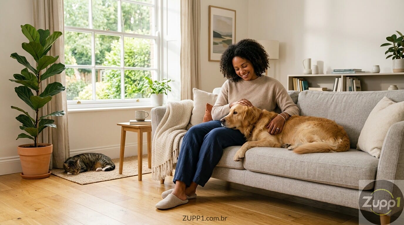 Mulher organizando a sala e cuidando da limpeza da casa ao lado de um cachorro