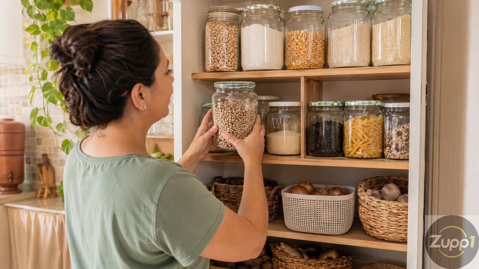 Mulher organizando potes transparentes e alimentos em uma despensa