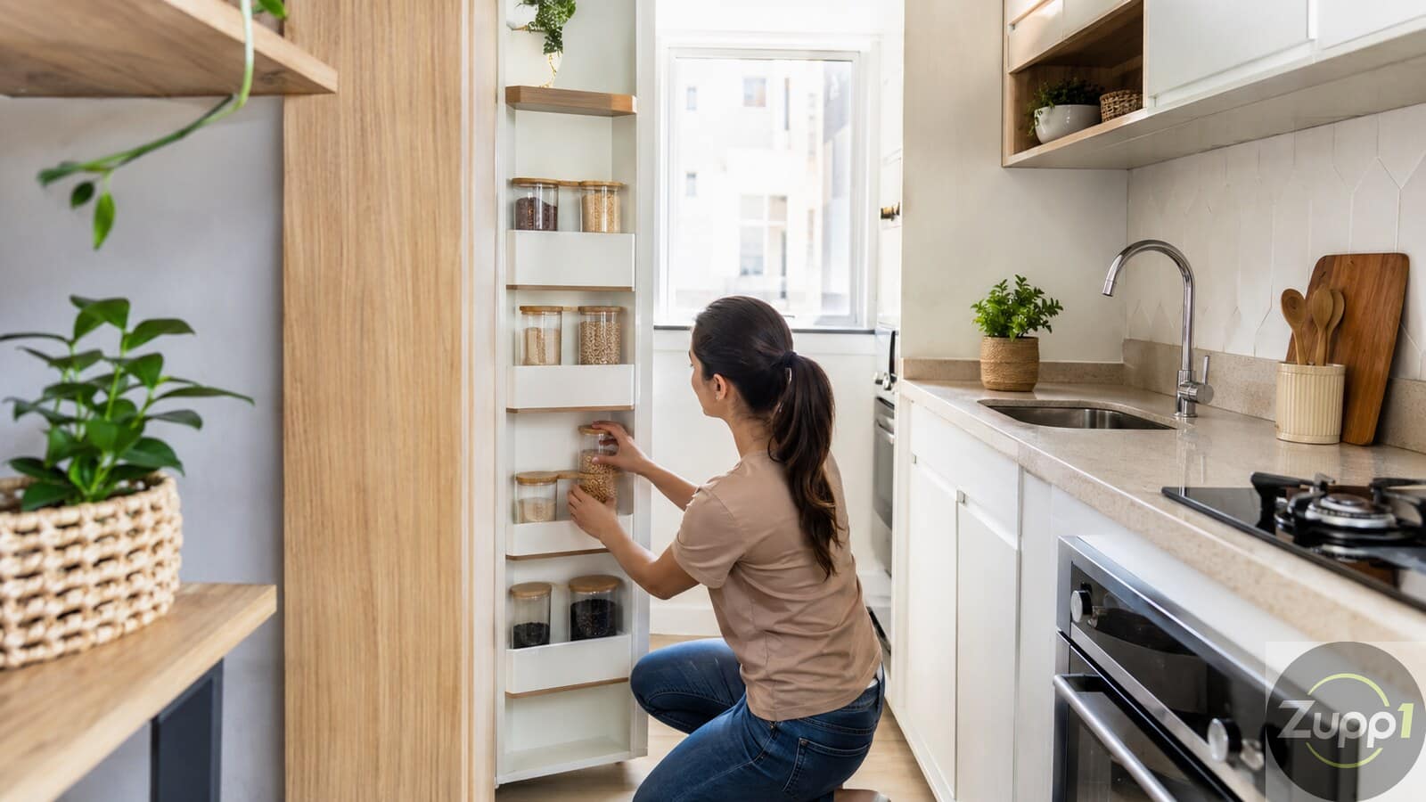 Mulher organizando uma cozinha pequena e aproveitando melhor o espaço dos armários e da bancada
