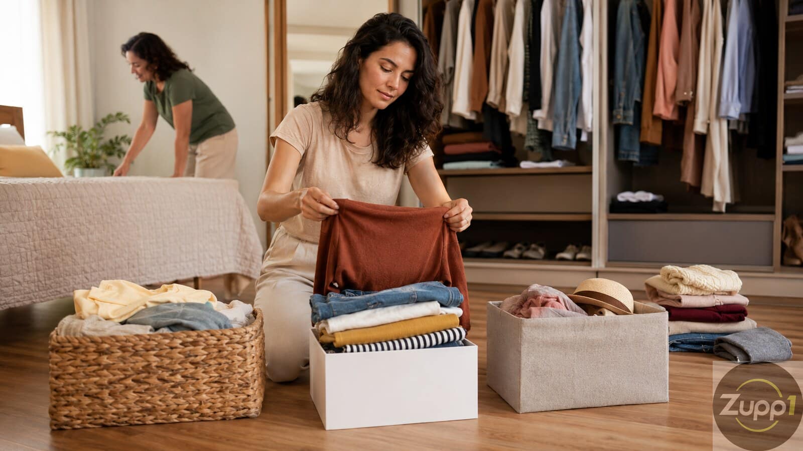 Mulher organizando objetos e separando itens para doação em casa