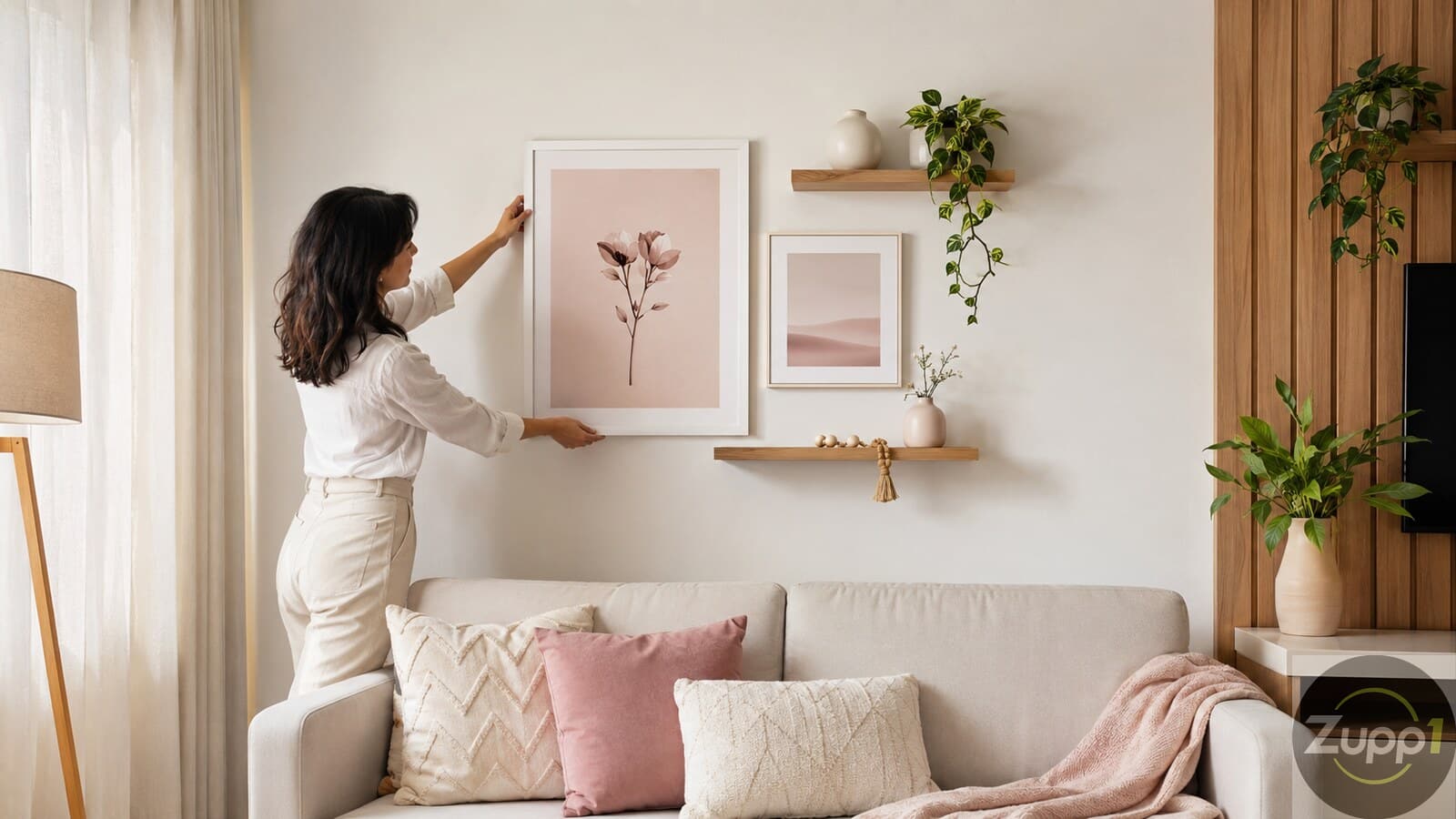 Mulher organizando quadros e objetos decorativos em uma parede de sala