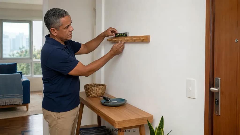 Homem usando um nível para posicionar um suporte com ganchos na parede da entrada