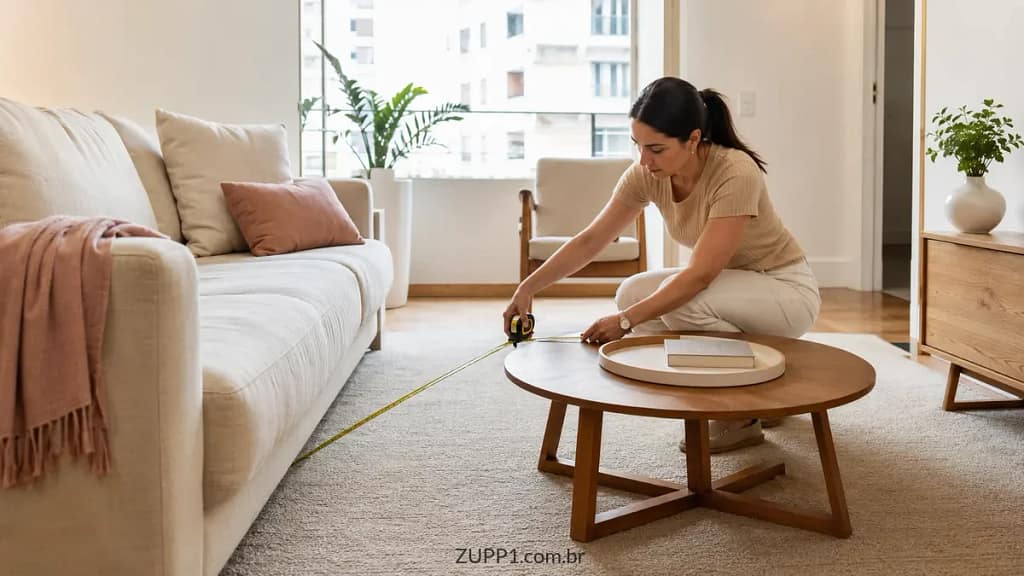 Mulher medindo a distância entre o sofá e a mesa de centro em uma sala pequena