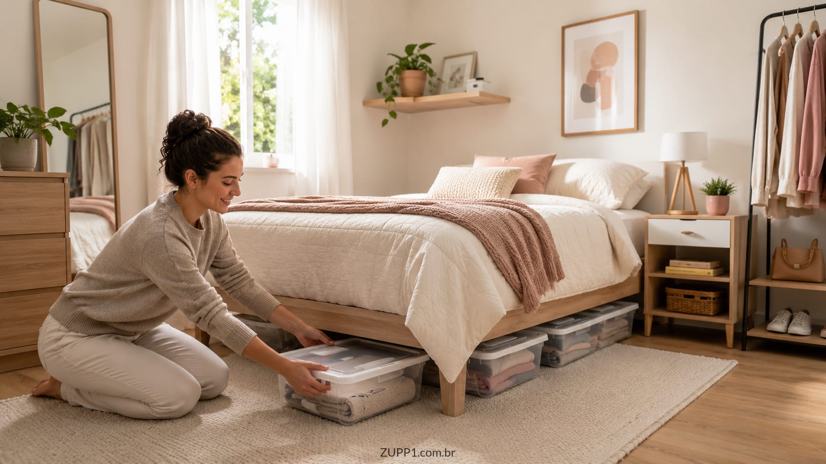 Mulher organizando um quarto pequeno e aproveitando melhor o espaço