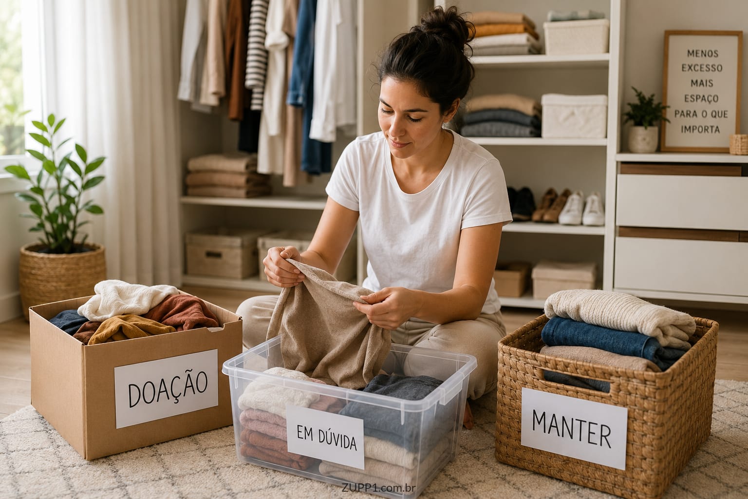 Mulher organizando objetos e separando itens para doação em casa