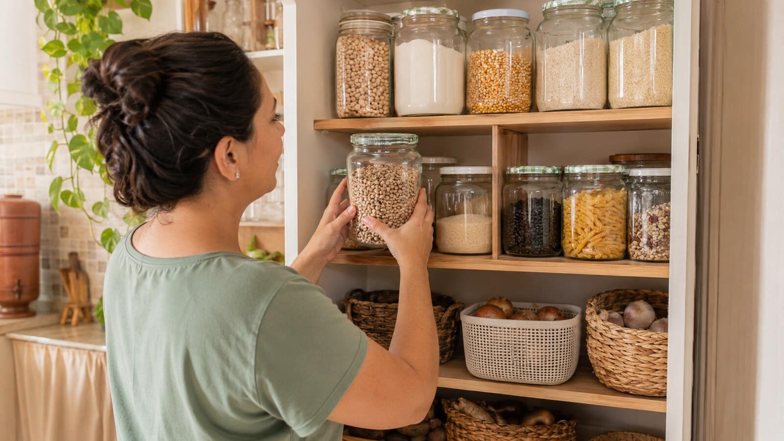 Mulher organizando potes transparentes e alimentos em uma despensa