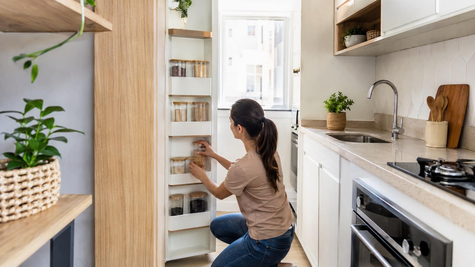 Mulher organizando uma cozinha pequena e aproveitando melhor o espaço dos armários e da bancada