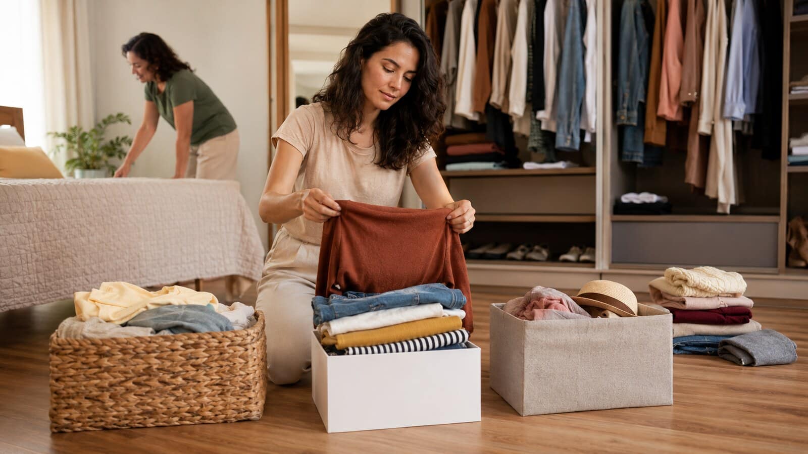Mulher organizando objetos e separando itens para doação em casa