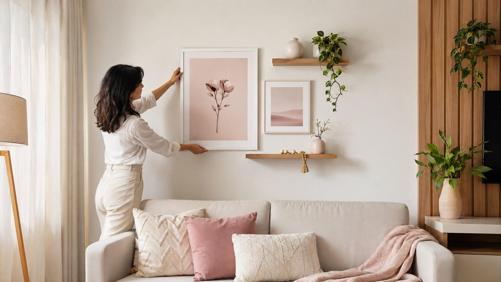 Mulher organizando quadros e objetos decorativos em uma parede de sala