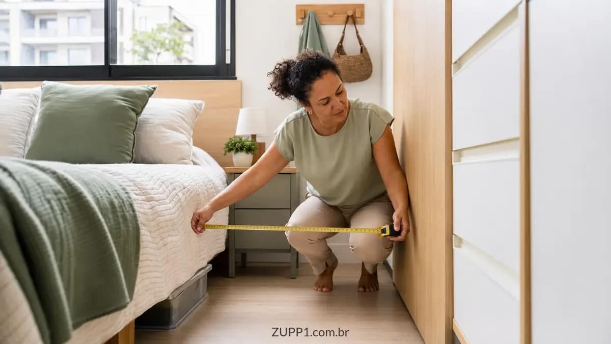 Medindo a passagem entre a cama e o guarda-roupa